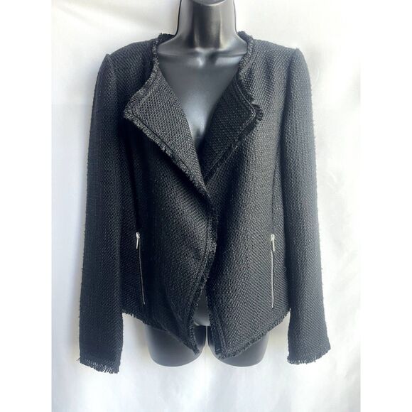 Saks Fifth Avenue Black Tweed Open Front Jacket Transitional Blazer sz M Formal - Picture 1 of 11